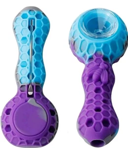 1Pcs Blue&Purple SILICONE PIPE 4.3"  With GLASS BOWL & Clean Tool-HoneyComb Bee - Picture 1 of 6