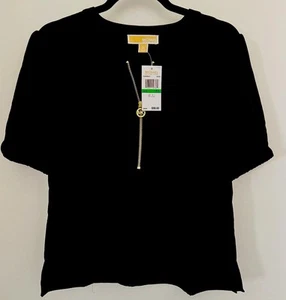 98 $ Michael Kors Damengröße PL Bluse Top schwarz mit goldenem Reißverschluss & MK-Logo-Pull - Bild 1 von 12