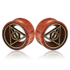 1 Pair Wood Deathly Hallows Double Saddle Flared Ear Plug Flesh Tunnel Stretcher - Picture 1 of 3