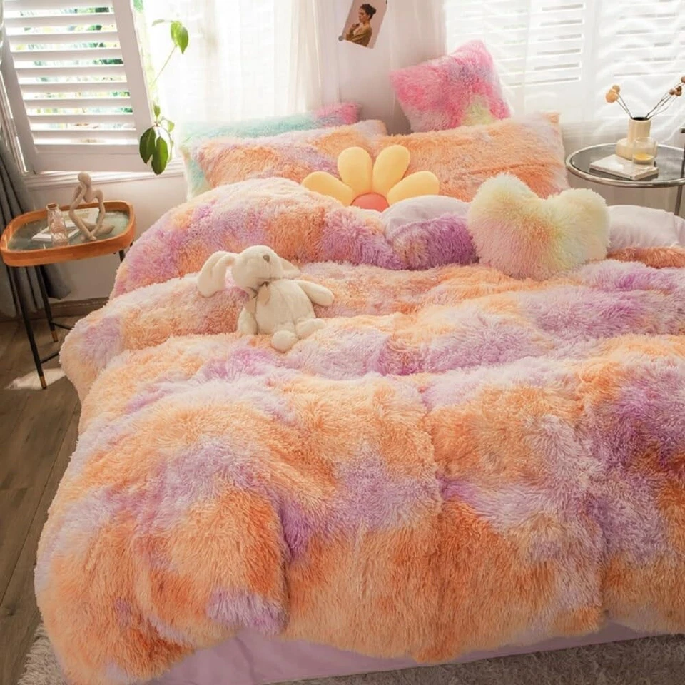 SUCSES Blue Purple Fluffy Twin Bedding Sets for Girls 3Pcs Faux Fur Plush Shaggy - Image 1 of 4