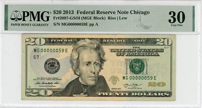 2013 $20 Chicago Federal Reserve Note VF 30 PMG Low Serial Number MG00000059E - Image 1 of 2