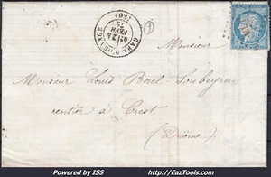 FRANCE N°60A SUR LETTRE AVEC AMBULANT ML1° + CAD GARE D'ORANGE DU 24/02/1872 - Picture 1 of 2