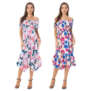 Women A-line Dress Off-shoulder Boho Dress Comfortable Floral Dress Romantic - Picture 1 of 39