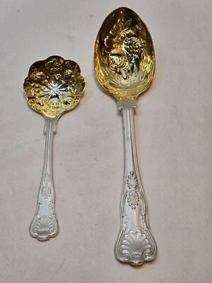 2 WA SHEFFIELD SERVING SPOONS WITH GOLD WASHED REPOUSSE BOWLS - Image 1 of 4