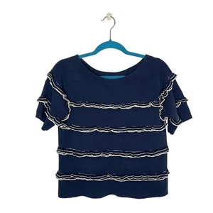 J Crew Navy Blue Ruffle Striped Boatneck Short Sleeve Knit Sweater Nautical XS - Picture 1 of 11