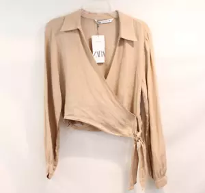 ZARA Linen Cropped Wrap Top Womens size M Beige V-Neck Side Tie Elastic Back - Picture 1 of 9