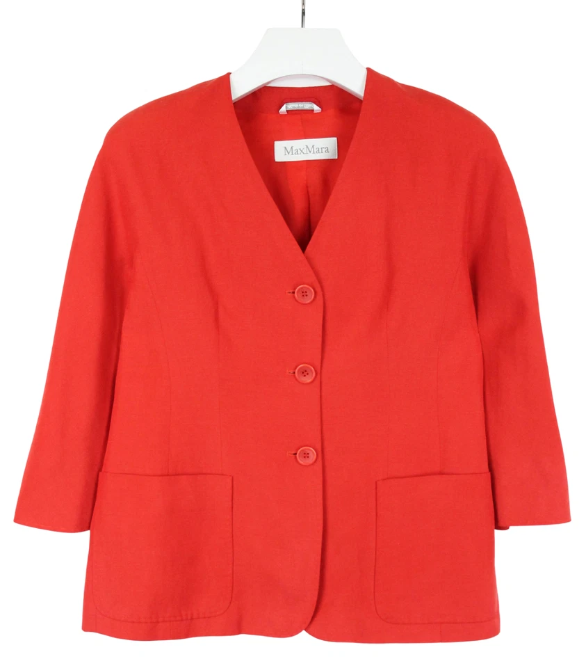MAXMARA Blazer Women's USA 10 Red Button Up V-Neck 3/4 Sleeve Linen Silk Blend - Image 1 of 4
