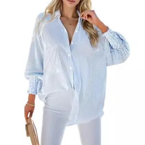 Camicia donna smocked polsini a righe fidanzato manica lunga blusa con taschino US - Foto 1 di 14
