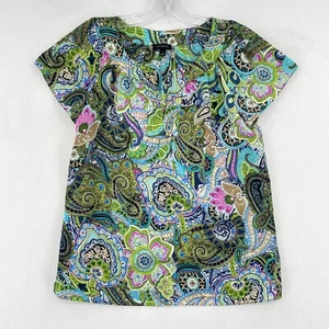 Talbots Top Size 2 Green Pink Paisley Split V Neck Short Sleeve Art To Wear - Picture 1 of 10