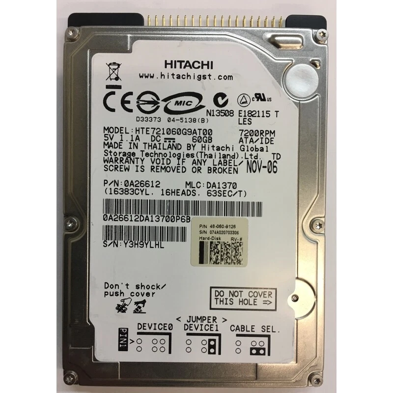 HTE721060G9AT00 - Hitachi 60GB 7200 RPM IDE 2.5" HDD - Image 1 of 1