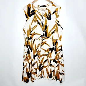 Forcast Size 16 White Leaf Print Linen Blend Sleeveless Knee Length Flare Dress - Picture 1 of 12