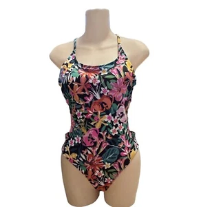 Hurley One Piece Swimsuit Cutout Sides Hibiscus Flower Tropical Womens Medium - Picture 1 of 7