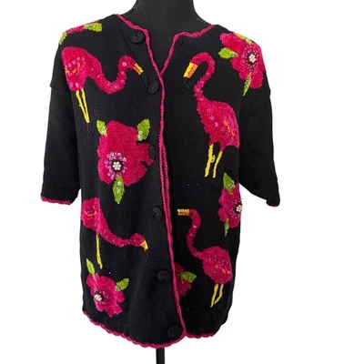 复古 Victoria Harbour 女式黑色火烈鸟花卉串珠开衫 L 码 — 第 1/4 张图片