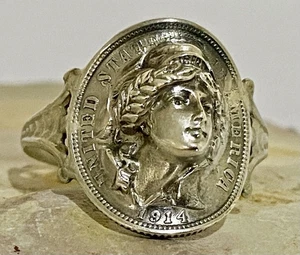 INCREDIBILE RARA condizione 1914 BARBER DIME ART DECO COIN ANELLO ARGENTO MISURA 11,5 - Foto 1 di 16