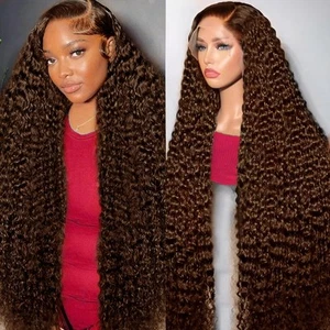 MXTQO 30 Inch Chocolate Brown Deep Wave Lace Front Wigs Human Hair 200 Densit... - Picture 1 of 6