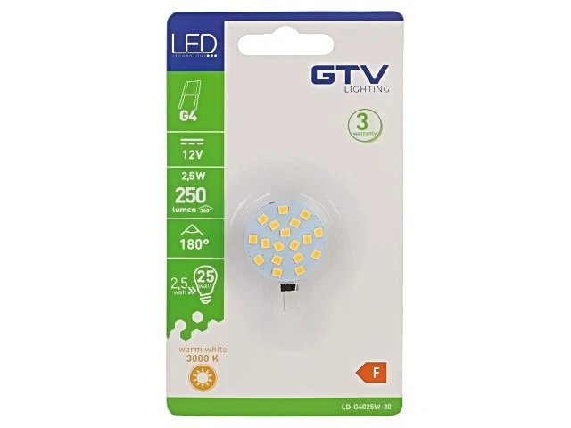LD-G4025W-30 LED lights warm white G4 12VDC 250lm 2.5W 180° 3000K GTV Poland - Image 1 of 1