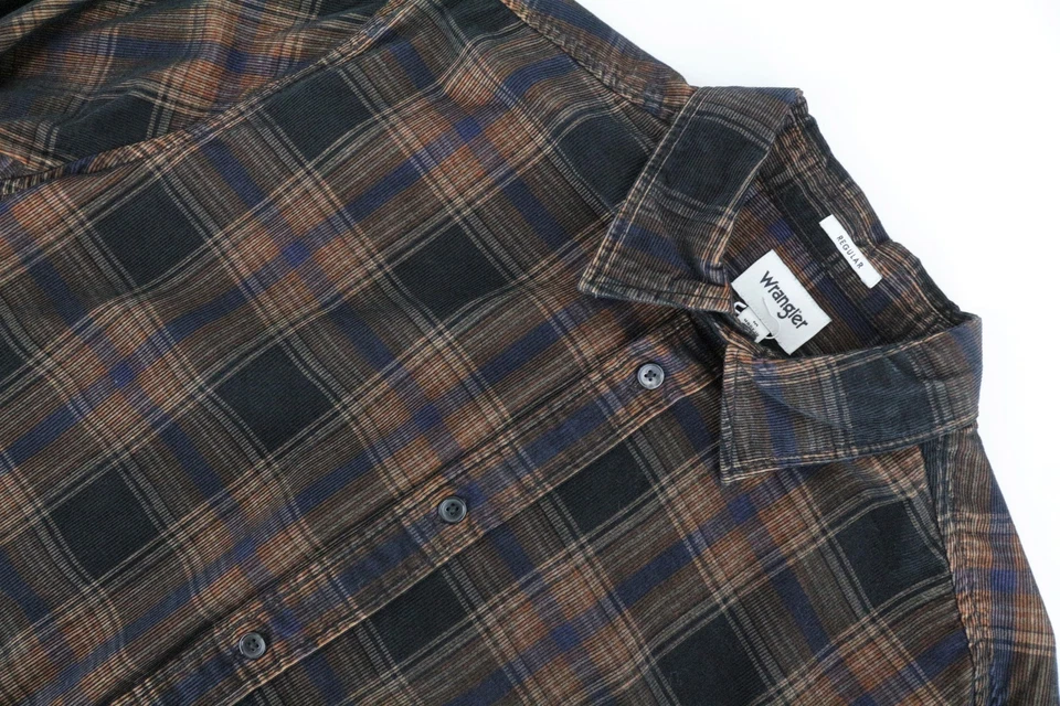 Wrangler Men's Shirt M Brown Navy Checkered Corduroy Long Sleeve Cotton