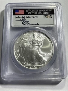 2005 $1 SILVER EAGLE PCGS MS70 FIRST STRIKE JOHN MERCANTI HAND SIGNED FLAG LABEL - Picture 1 of 4