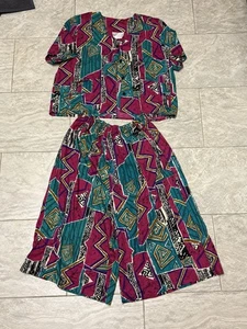 VINTAGE NEW LOOKS CALIFORNIA BRAND SIZE 16P MAROON PANT SET ABSTRACT ART TRIBAL - Picture 1 of 7
