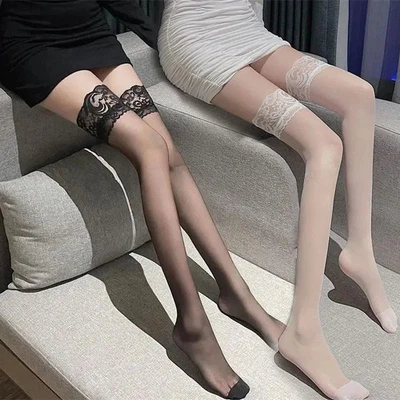 Women Lace Mesh Nylon Sheer Thigh High Hollow Transparent Over Knee Stockings - Image 1 of 4
