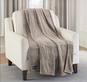 Brookstone Electric Heated Throw Blanket Beige 50x60 4 Heat Settings Remote NWT - Picture 1 of 8