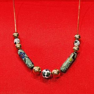 Vintage 14k Gold Halskette Kette mit Cloisonné Rund und Zylinder Perlen & 6 Goldkugeln - Bild 1 von 12