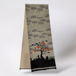 Halloween Table Runner Black Pumpkin Tree Newsprint Lace Edge Decor Vintage - Picture 1 of 10