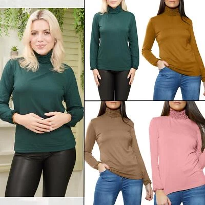 Womens Ladies Long Sleeve Frill Ruffles High Neck Polo Stretch Jumper Tops - Image 1 of 2
