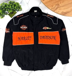 Harley Davidson Racing MOTO Bomber Jacket Vintage Black Orange Size XXL - Picture 1 of 7