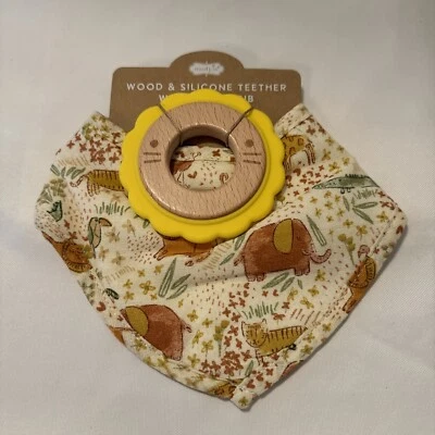 Mud Pie Baby Natural Wood & Silicone Teether BPA Free With Drool Bib Animals - Image 1 of 4