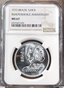 1972 BRAZIL SILVER 20 CRUZEIROS INDEPENDENCE ANNIVERSARY NGC MS 67 RARE TOP POP - Picture 1 of 3
