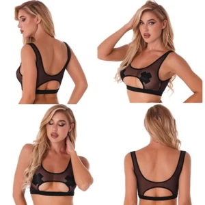 Damen Low-Cut Crop Top durchsichtig Mesh Tank Trägershirt Sport BH Unterhemd - Bild 1 von 24