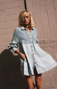 Free People Denim Find Me Now Mini Dress Buttons Smocked Glacier Blue S NWT - Picture 1 of 8
