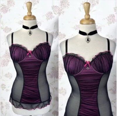 Black Pink Mesh Top Babydoll Lingerie Goth Fairy Grunge Punk Kawaii Y2K Sexy M - Image 1 of 4