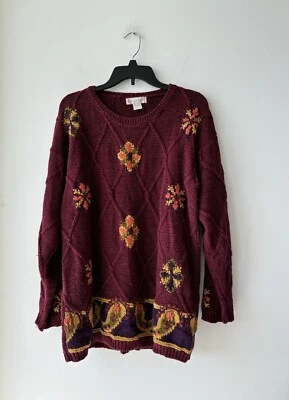 Suéter Esquinero Informal De Colección Borgoña Floral Tejido con Cable Para Mujer L Cottagecore Años 90 Foto 1 de 4