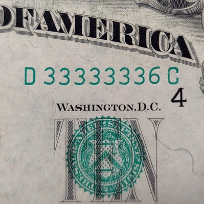 1950 C $10 FRN! AU! True Binary, Near Solid Serial # D33333336C!  Fr# 2013 D. - Image 1 of 4