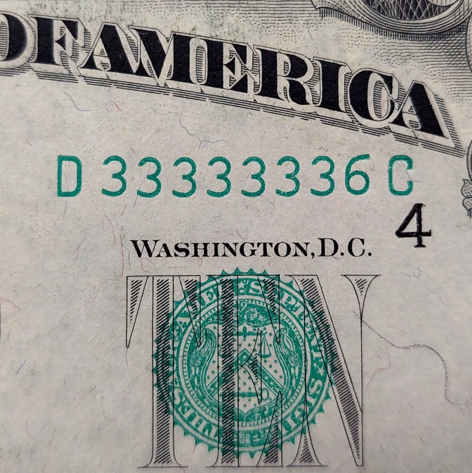 1950 C $10 FRN! AU! True Binary, Near Solid Serial # D33333336C!  Fr# 2013 D. - Image 1 of 4