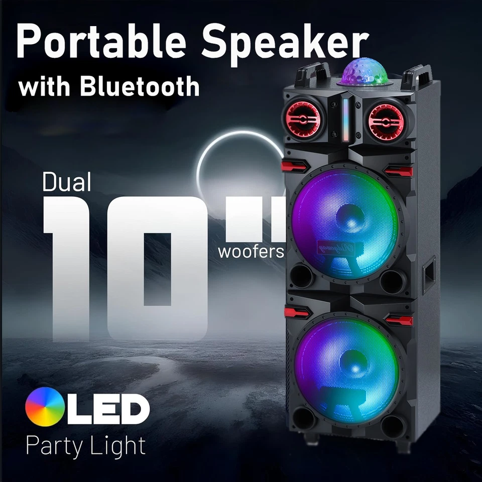 9000WDual 10"Subwoofer Bluetooth Speaker Heavy Bass Sound System DJ Party KaraoK - Image 1 of 4