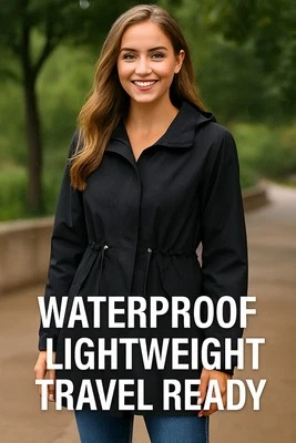 Women's Drawstring Rain Jacket – Lightweight Waterproof Hooded Outerwear - Image 1 of 4