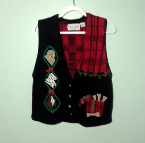Chaleco Suéter Vacacional De Colección Talla Mediana, Perro Bordado Rojo Negro Navidad Usado en Excelente Condición - Imagen 1 de 9