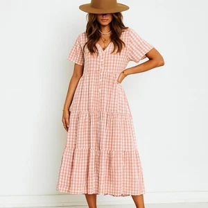 Joop & Gypsy Dress AUS 8 US4 Midi Orange Gingham Check Tiered Short Sleeve - Picture 1 of 9