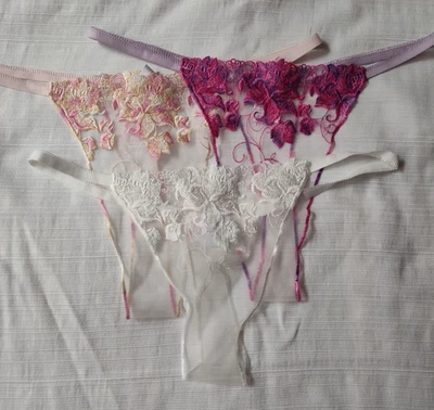 Lote (3) Tanga Tanga Bragas Mujer Bordadas Flores Malla Transparente Talla M Foto 1 de 4