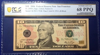 2006 $10 Federal Reserve Note Fr-2040-L San Francisco PCGS68PPQ Superb Gem - Image 1 of 2