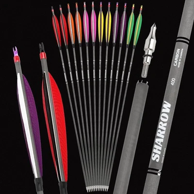 30" Hunting Carbon Arrows 6" Turkey Feathers Archery SP400 Recurve Long Bow Hunt - Image 1 of 4