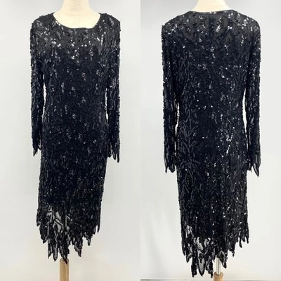 Vestido recto midi vintage años 80 negro seda/cuentas/lentejuelas dobladillo diente de tiburón talla mediana Foto 1 de 4