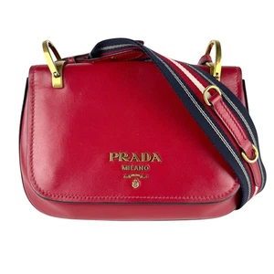 Auth PRADA Shoulder Bag Red/Navy/White Leather/Canvas/Goldtone - z7257 - Picture 1 of 12
