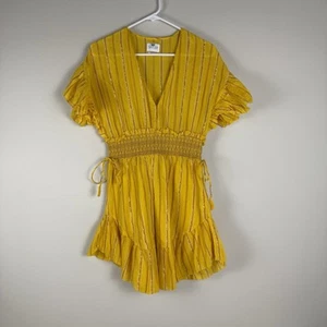 SAYLOR Adrianne Minikleid Gr. S gelb gold metallic gesmokte Taille V-Ausschnitt Boho - Bild 1 von 10