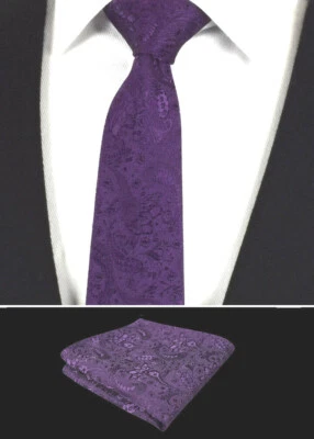 FASHION HABITAT Mens Purple Tie SET Wedding Jacquared Pocket Square Hanky Hankie Paisley Silk UK