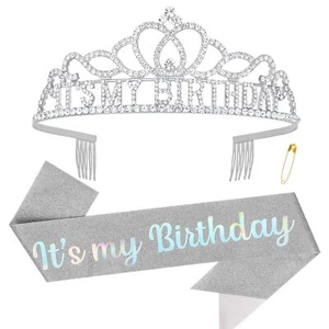 Birthday Crown and Sash Set Silver Tiara for Women "It’s My Birthday" Crown - Picture 1 of 7