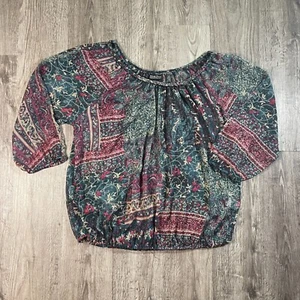 Lucky Brand Sheer Green Red Abstract Floral Hippy Festival Boho Peasant Top Sz L - Picture 1 of 4